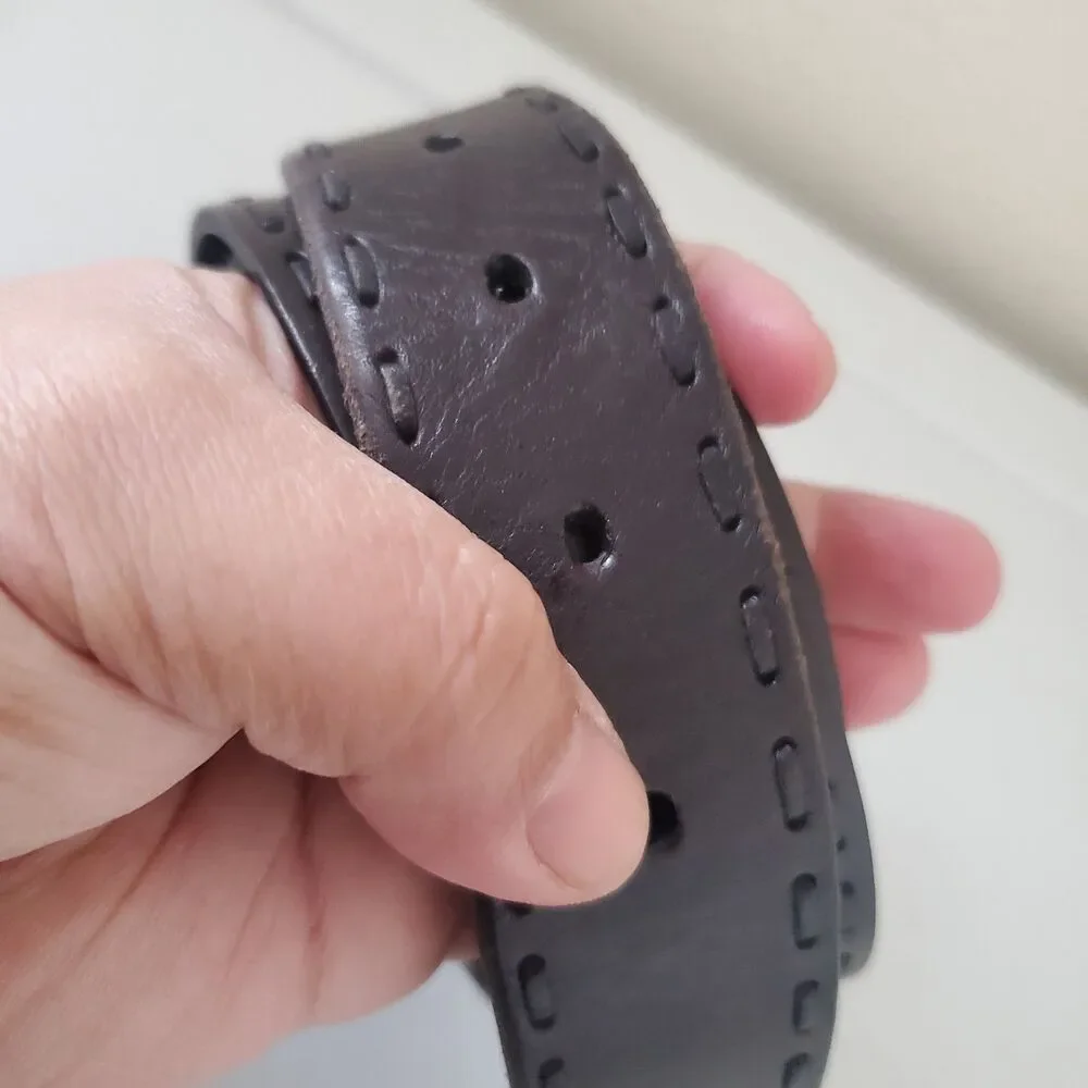 Fossil dark brown leather belt with a silver-toned buckle Decorative Stitching L
